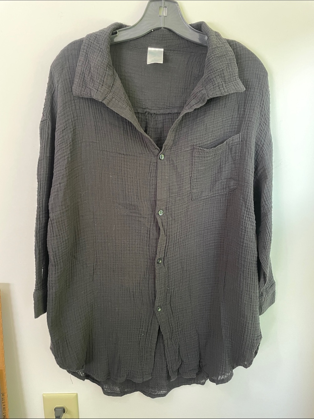 Kona Sol Black Cotton Gauze Textured Button-Up Long Sleeve Semi-sheer Shirt Sz M